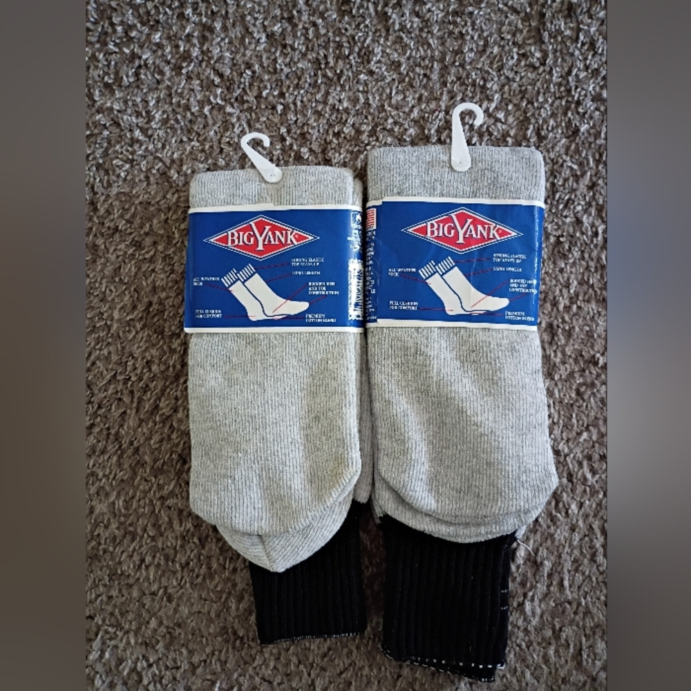 BIG YANK  Vintage Men's Thermal Cotton Socks, Fits 10-15, 2 Pair, NWT,Gray/Black